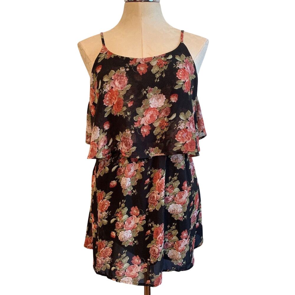 Small Tobi Rose Print Black Red Sleevless Dress Flowy Open Back Summer